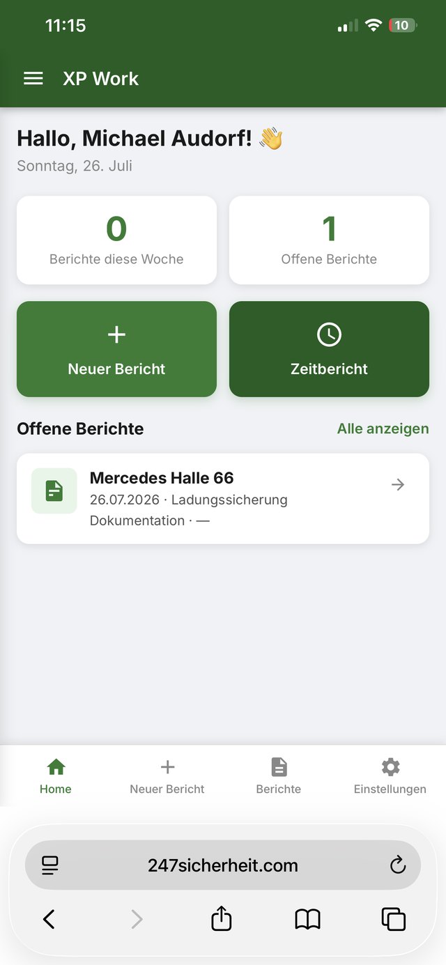 XP Work App – Startbildschirm